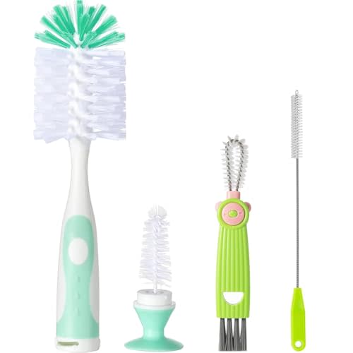 Baby Bottle Brush Set 4 in 1, Baby Bottle Cleaner, with 1P Nylon Bottle Brush, 1P Bottle Cap Brushes, 2P Straw Brushes, Bottle Brush with Nipple Cleaner and Suction Cup, BPA-Free(Green)
