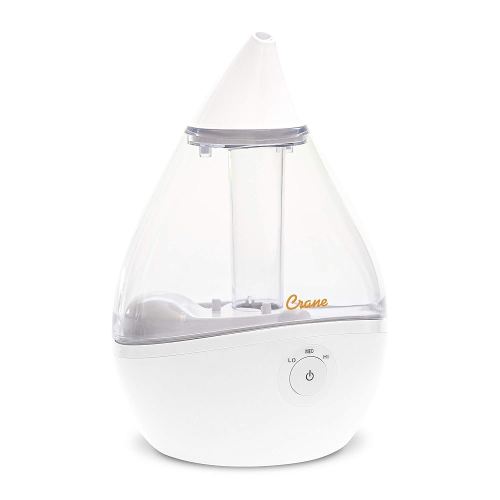 Crane Ultrasonic Teardrop Humidifier for Baby, Cool Mist, Auto Shut off, Adjustable Humidity, for Nursery, Bedroom, Clear and White, 0.5 Gallon