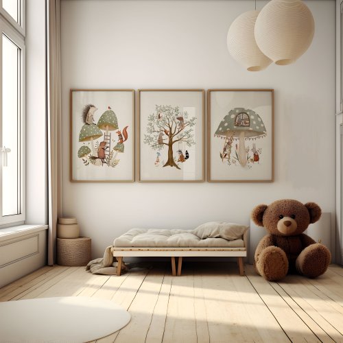 Set of Three Whimsical Art Prints, Woodland Animals Wall Art For Kids, Sage Green Nursery Wall Art, Tree & Mushroom Print Nursery
