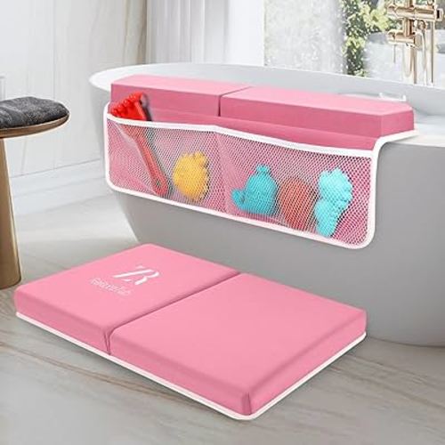 Bath Kneeler and Elbow Rest Pad Set - 2 inch Comfortable Thick Baby Bath Kneeler Pads, with Toy Organizer Pockets - Quick Drying, Foldable, Non-Slip for Baby and Toddler Bathing (Pink)