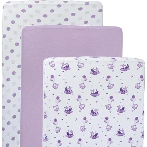 JABMARS Crib Sheets (3 Pack) - Soft Jersey Cotton Fitted Baby Crib Sheets | Cute Bed Sheets & Toddler Bed Mattress | Baby Boy Crib Bedding Set | Blue Grey Elephant (Purple)