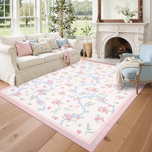 GarveeHome Valentine Pink and Blue 8x10 Bow Rug for Living Room, Pink Rugs for Bedroom Girls with Soft Low Pile, Floral Pastel 8x10 Area Rugs for Dining Room Nursery Kid Playroom Dorm Office Bow Decor