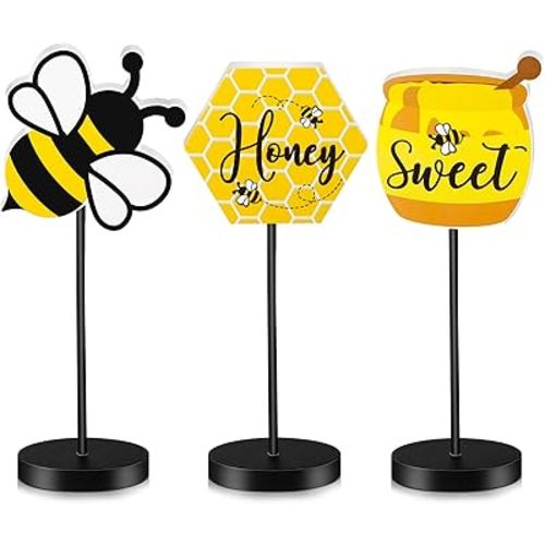 Yerliker 3 Pieces Bee Theme Tall Standing Bee Wooden Block Set Honeycomb Table Centerpieces Freestanding Rustic Bee Table Topper Summer Bee Tiered Tray for Baby Shower Bee Themed Party Decoration
