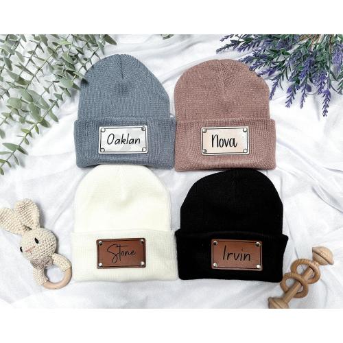 Personalized Baby Hat with Name, Custom Infant Beanie, Leather Patch Beanies for Baby, Customized Baby Knit Beanie, Unique Baby Shower Gift