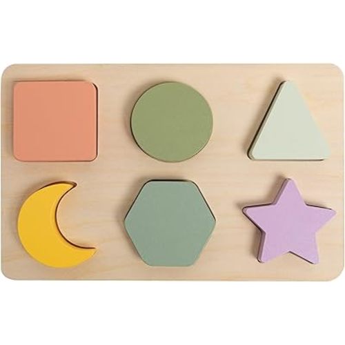 Pearhead Wooden Shapes Puzzle, Early Developmental Montessori Colors and Shapes Toy, Interactive Learning Games for Baby and Toddler, 6 Shapes Included, FSC Certified