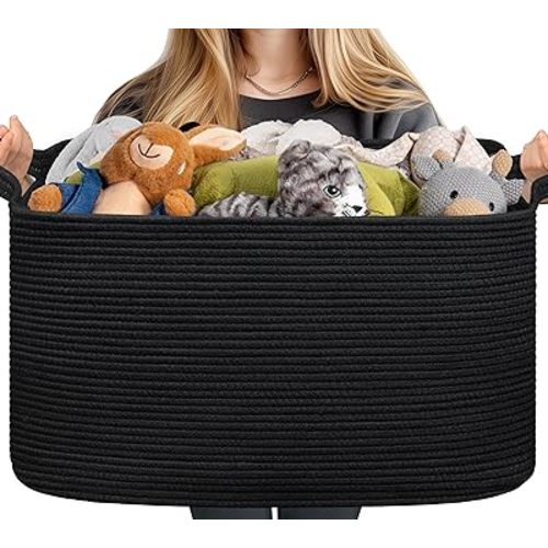 CHICVITA Black Blanket Basket Living Room, Large Storage Basket for Towels, Clothes, Baby Toy Baskets Organizer Bins, Woven Rectangle Baskets for Living Room, Bedroom, 22" x 15" x 12"