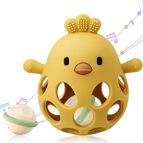2-in-1 Baby Teething Rattle Toy, Sensory Grasping Teether for Infants 3-12 Months, 100% Food-Grade Silicone, Easy to Hold, Soothing & Developmental, BPA Free