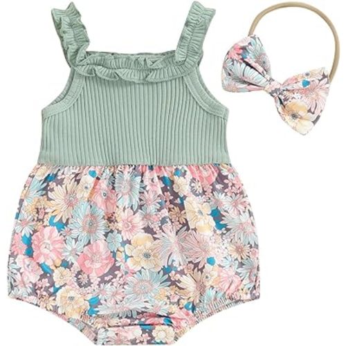 Baby Girls Daisy Playsuits Bodysuit+Headband Print Halter Romper Floral Jumpsuit Infant Onesie Summer Clothes
