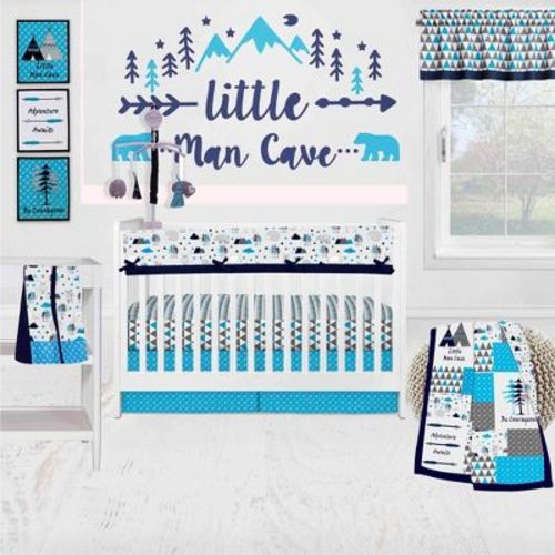 Bacati - Woodlands Forest Animals Aqua/Navy/Grey 10 pc Baby Crib Bedding Set with Long Rail Guard Cover for Boys