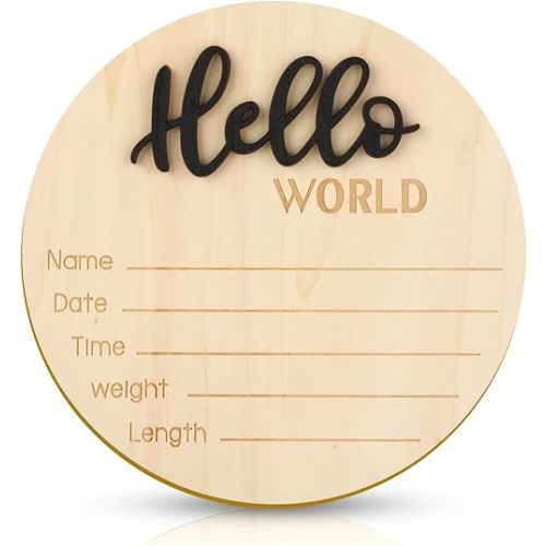 Baby Announcement Sign, 5.9 Inch Wooden Hello World Newborn Welcome Sign Birth Baby Name Plaques for Photo Props Baby Shower Hospital Nursery(Black)