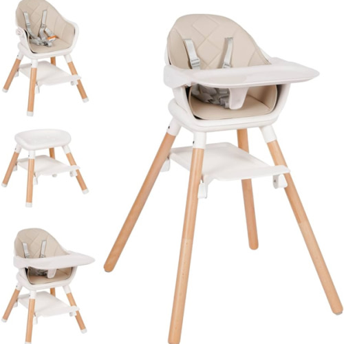 High Chair, 6 in 1 Wooden Convertible High Chairs for Babies and Toddlers, Booster Seat with Double Tray & Reversible Footrest Baby Highchair, 5-Point Harness Baby Feeding Chair, Beige