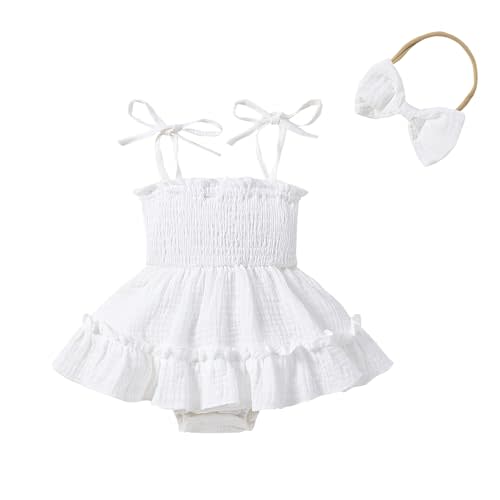 MIEKISA Baby Girls' Pink and White Smocked Romper Dress with Headband