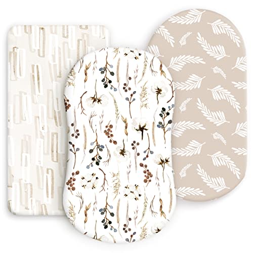 GRSSDER Stretchy Ultra Soft Fitted Bassinet Sheet Set 3 Pack, Universal Fit for Bassinets Baby Cradle Moses Basket Oval Rectangle Mattress Safe and Snug, Stylish Pretty Flora for Baby, Beige
