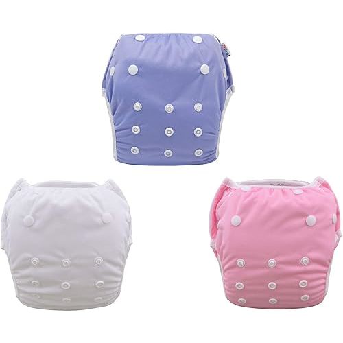 ALALVABABY Baby Swim Diapers 3pcs Reuseable Washable & Adjustable for Swimming Lesson & Baby Gifts 0-2 Years Baby Boy Girl Purple White Pink 3SWB17