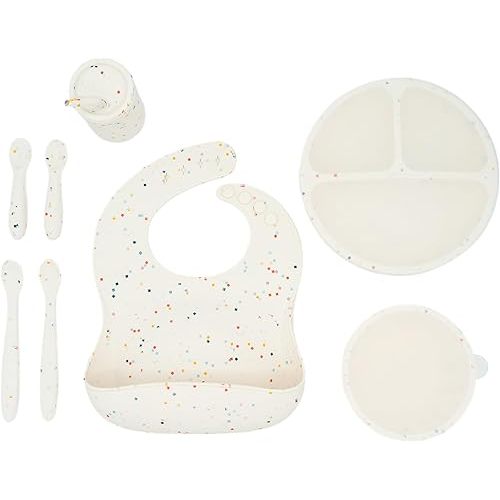 WeeSprout Baby Led Weaning Bundle, Silicone Suction Bowl, Spoons, Bib & Cup, Develops Self Feeding Skills, Dishwasher Safe - Confetti