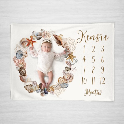 Girl Month Milestone Blanket- Nautical Sea Shells Ocean beach, Personalized Baby Blanket