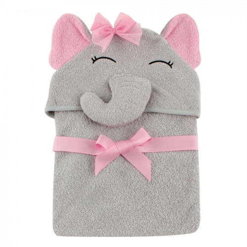 Hudson Baby Infant Girl Cotton Animal Face Hooded Towel, Pretty Elephant, One Size