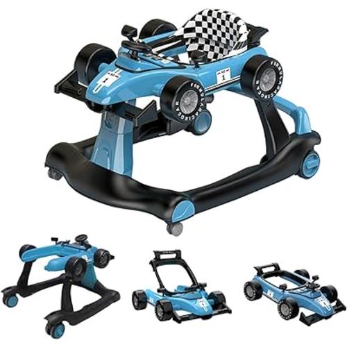 4-in-1 Baby Walker, Foldable Activity Walker with Adjustable Height & Speed, Music, Lights, Steering Wheel, Activity Baby Push Walker for Boys Girls Aged 6–18 Months (Blue)