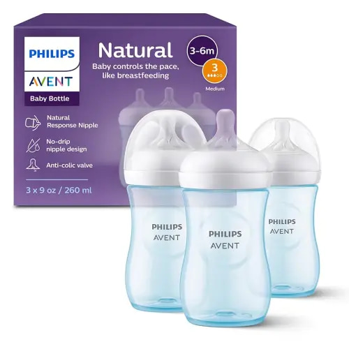 Philips Avent Natural Baby Bottles with Natural Response Nipples (Medium Flow, Flow 3), 9oz, Blue, 3-pack, SCY903/23