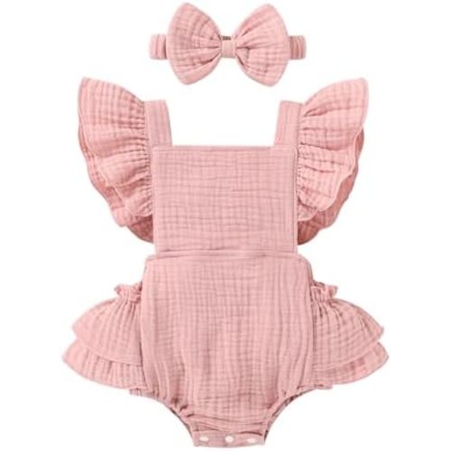 Happy Town Baby Girl Clothes Toddler Summer Linen Romper Sleeveless Ruffle Outfits Infant Girls Jumpsuit with Headband
