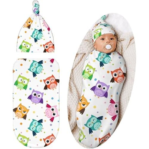 Cute Owls Baby Stuff Swaddle Blanket Set with Beanie Hat, Soft Newborn Sleeping Sack Receiving Blanket Shower Gift for Boys and Girls