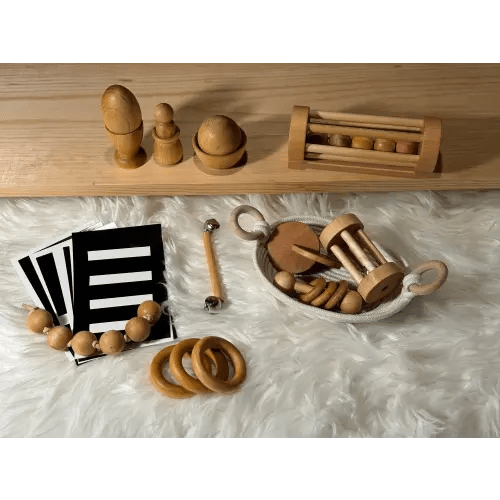 Montessori Materials for the First Year, natural wood