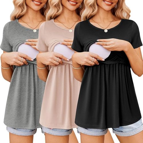 Ekouaer Womens Nursing Tops 3 Packs Short Sleeve Breastfeeding Shirts Double Layer Postpartum Shirt S-XXL