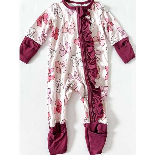 Bow Babe bamboo zipper romper with ruffle