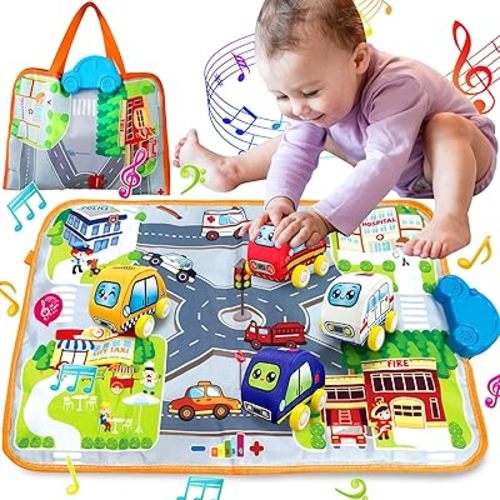 Car Toys for 1 Year Old Boy, Soft Baby Toy Set with Music Playmat, Baby Infant Music Toys 12-18 Months, Pull Back Vehicle Car Set Birthday Toys for Baby Toddlers Age 1 2 3 Year Old