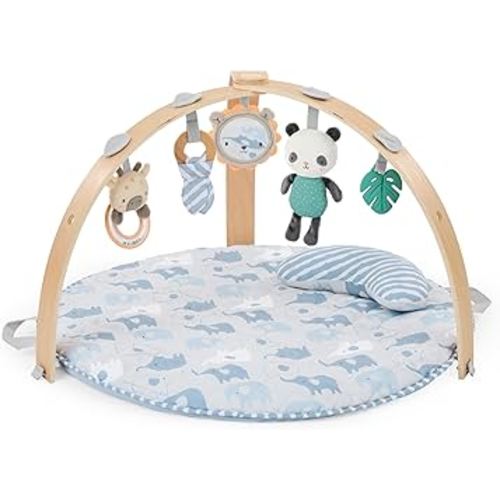 Ingenuity Cozy Spot Reversible Duvet Baby Play Gym & Play Mat with Wooden Toy bar - Elephant March (Neutral Safari), Newborn and up