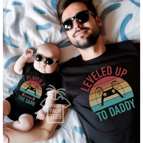 Leveled up shirt,player 1 player 2,dad and baby matching shirts,daddy to be shirt,funny fathers day shirt,funny fathers day shirt gift,mini