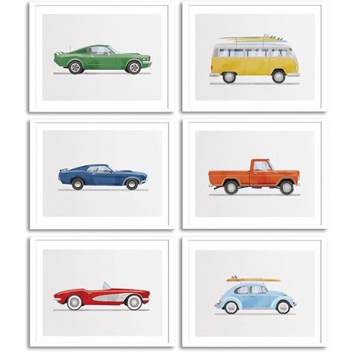 BBQCBA 6Pcs Nursery Car Wall Art Watercolor Retro Transportation Wall Decor Pictures Kids Vehicle Canvas Posters Prints for Boys Room Teens Bedroom Playroom Decorations Unframed