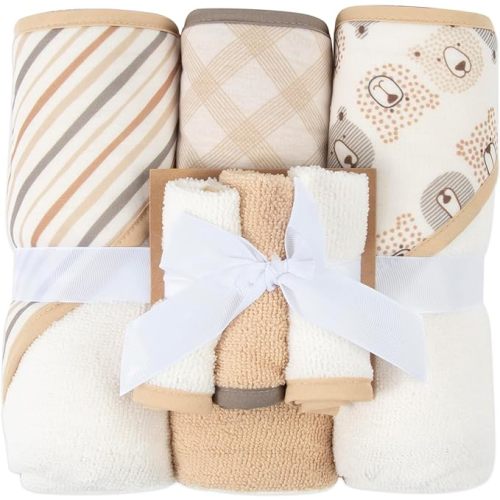 Hooded Baby Bath Towel and Washcloth 6 Piece Set for Newborns, Infants & Toddlers, Boys & Girls Baby Hooded Towels Set (Teddy Bears & Stripes)