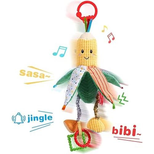 Jollybaby Hanging Rattle Toys for Car Seat Crib and Stroller, Vegetable Plush Sensory Toys for Travel with Ring Bell Crinkle BiBi Squeaky and Teether for Boys Girls Gift(Corn)