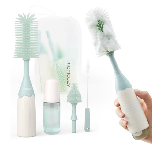 Momcozy Bottle Brush Kit, Innovative Push-Press Design for Better Cleaning - Baby Bottle Cleaner Brush for Baby Bottle, Breast Pumps, Nipples, and More - Can Generate Foam for Better Cleaning, Green