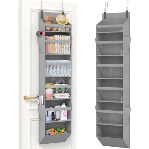 Lifewit 1 Pack Over the Door Organizer, Clear Window Hanging Storage with 4 Mesh Side Pockets, Anti Tilt 40 lbs Load Behind Door for Pantry, Nursery, Bathroom, Bedroom, Dorm, 6 Section, Light Gray