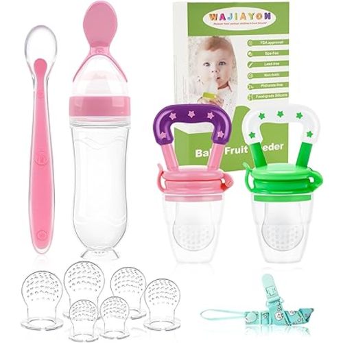WAJIAYON Baby Fruit Feeder Pacifier - 5 Pack | 2 Mesh Infant Food Feeder Pacifier & 1 Baby Food Dispensing Spoon | Fresh Fruit Teethers for Babies |Shower Gifts for Boys and Girls (Pink & Green)