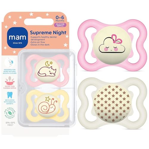 MAM Supreme Baby Pacifier, Newborns 0-6 Months, Developed with Orthodontists, Extra Air Flow for Sensitive Skin, Glows in The Dark, BPA-Free Silicone, Sterilizer Case, Pack of 2, Made in Europe