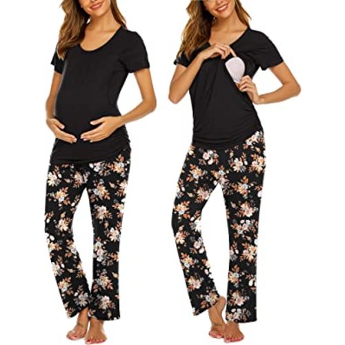 Ekouaer Women's Maternity Nursing Pajamas Set Breastfeeding Sleepwear Double Layer Short Sleeve Top & Pants Pregnancy PJS