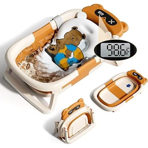 Collapsible Baby Bathtub for Newborn to Toddler (0-24 Months), Portable Baby Tub with Thermometer, Baby Bath Tub for Infants with Floating Cushion, Brown