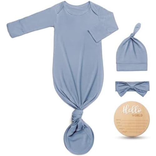 Hello World Newborn Knotted Gown 0-3 Months, Coming Home Outfit Baby Bamboo Viscose Sleeper with Hat,Headband,Wooden Sign