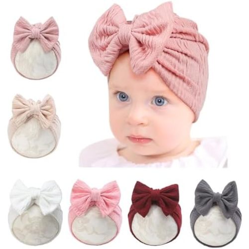 Baby Girls Hair Bow Turban Hat 6PCS Set, Top Bowknot Head Wrap Beanie India Caps for Infant Toddlers