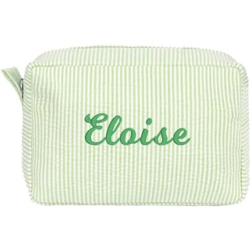 MT WORLD Personalized Makeup Bag Cute Cotton Cosmetic Bag for Women Seersucker Bridesmaid Travel Makeup Bag for Girls Aesthetic Toiletry Bag Organizer Storage Pouch (Green)