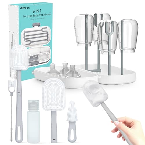 Bottle Brush Kit, Baby Travel Essential, 6 in 1 Cleaner Set with Silicone Bottle Brush, Nipple Cleaner Brush, Straw Brush, 50ml Soap Dispenser, Storage Box, Bottle Drying Rack Easy Cleaning