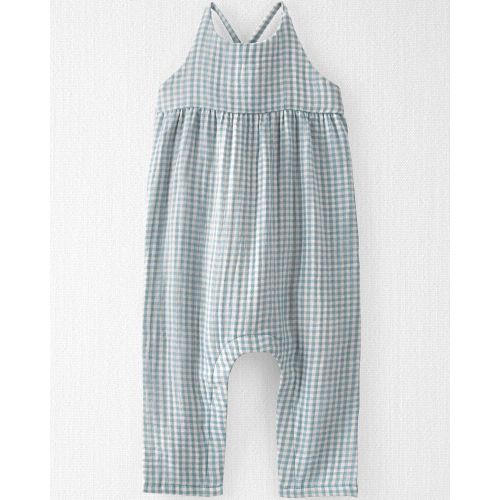 Baby Gingham Print Organic Cotton Gauze Jumpsuit - 3M - Blue