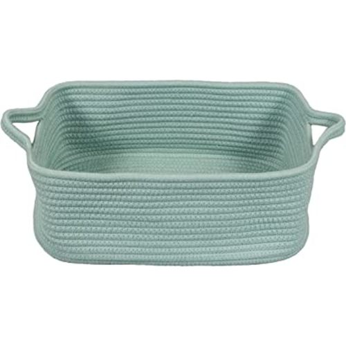 Woven Cotton Rope Storage Basket with Handles for Organizing Shelves Closet Small Cat Dog Pet Toy Basket Box Bin Decorative Rectangle Baby Nursery Basket Gift Basket Empty (Light Green)