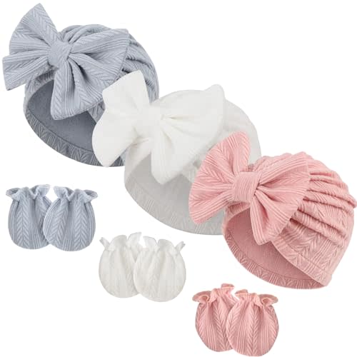 BQUBO Newborn Baby Hospital Hats Beanie Bow Infant Caps Baby Cotton No Scratch Mittens Set for 0-12 Months