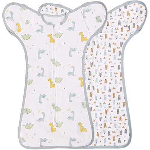 2 Pack Transition Swaddle with 2 Way Zipper, 2 in 1 Arms in/Out Transitional Arms Up Swaddle, 100% Cotton Newborn Swaddle Zipper Swaddles Baby Swaddling Sack Sleeping Sack 3-6 Months, Dinosaur & Bear - Dinosaurs & Bear - Medium 3-6 Months
