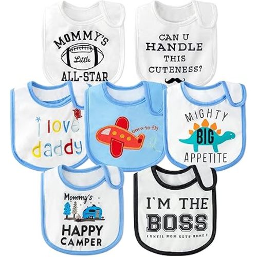 7Pcs Cotton Waterproof Baby Bibs Hook Loop Closure Newborn Bib Keepsake Baby Gift for Drooling Feeding Eating