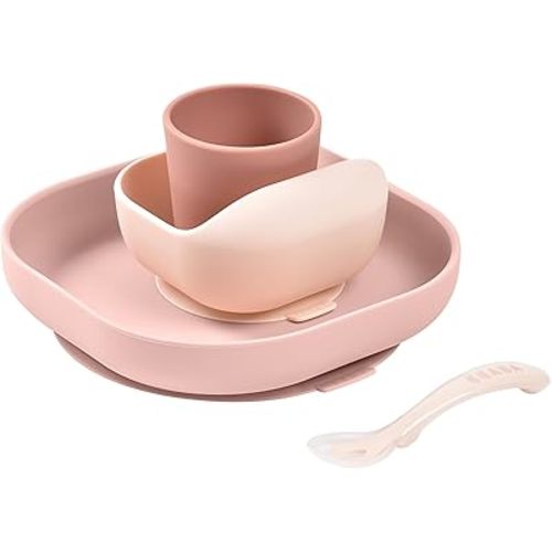 BEABA 100% Silicone 4-Piece Baby Feeding Set, Suction Plates for Baby, Made w/High Grade Food Safe Silicone, Rose